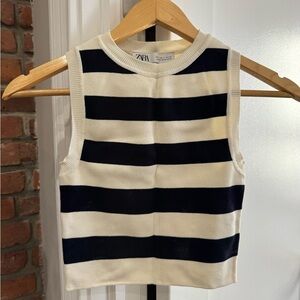 Zara Cream and Navy Striped Knit Crop Top